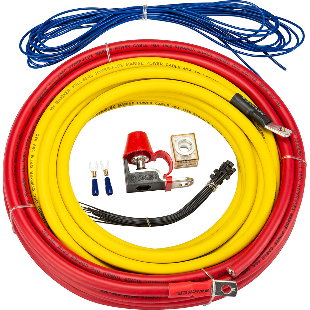 Kicker 4GA marine power cable kit with red, yellow, blue wires and terminals for car audio installation