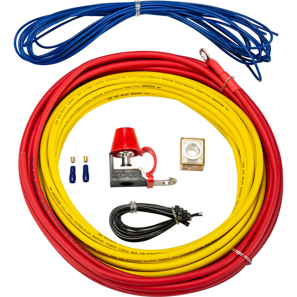 Kicker amplifier wiring kit with red, yellow, blue, and black cables, fuse holder, and connectors for car audio installation