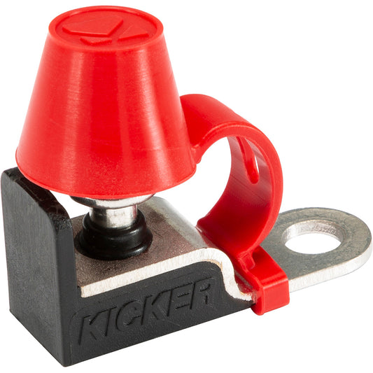 Red Kicker car audio fuse holder with protective cap for secure installation