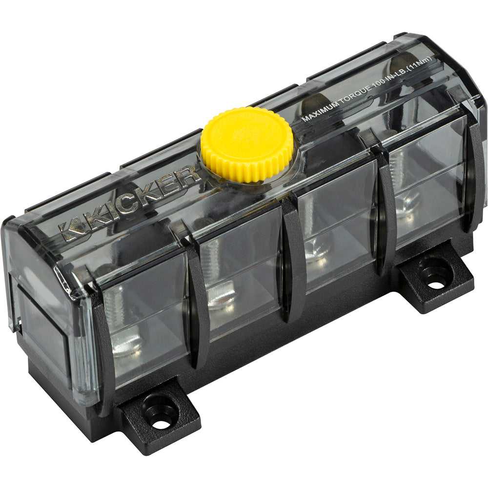 Kicker 3-way power distribution block with yellow knob, clear cover, and 100 in-lb torque rating for car audio systems