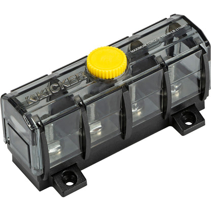 Kicker 3-way power distribution block with yellow knob, clear cover, and 100 in-lb torque rating for car audio systems