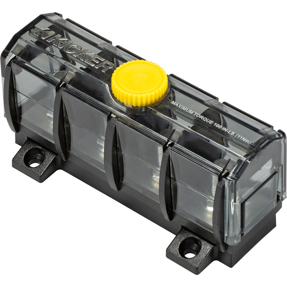 Kicker car audio fuse block with yellow cap, transparent cover, and 100 in-lb torque rating for secure installation