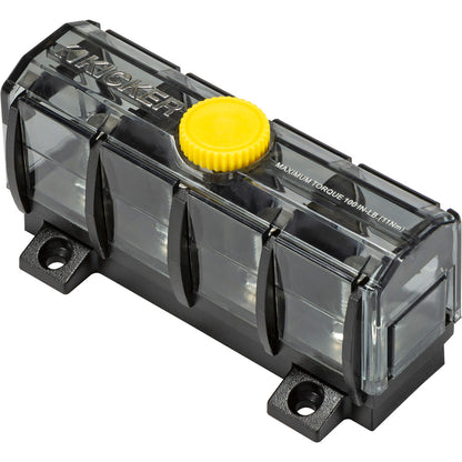 Kicker car audio fuse block with yellow cap, transparent cover, and 100 in-lb torque rating for secure installation