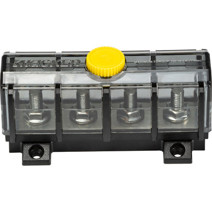 Kicker 4-way power distribution block with yellow cap, for car audio systems