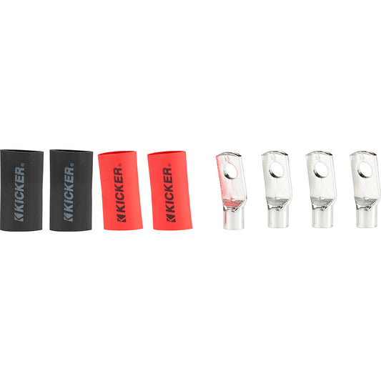 Kicker brand red and black heat shrink tubing with metal ring terminals for car audio installation