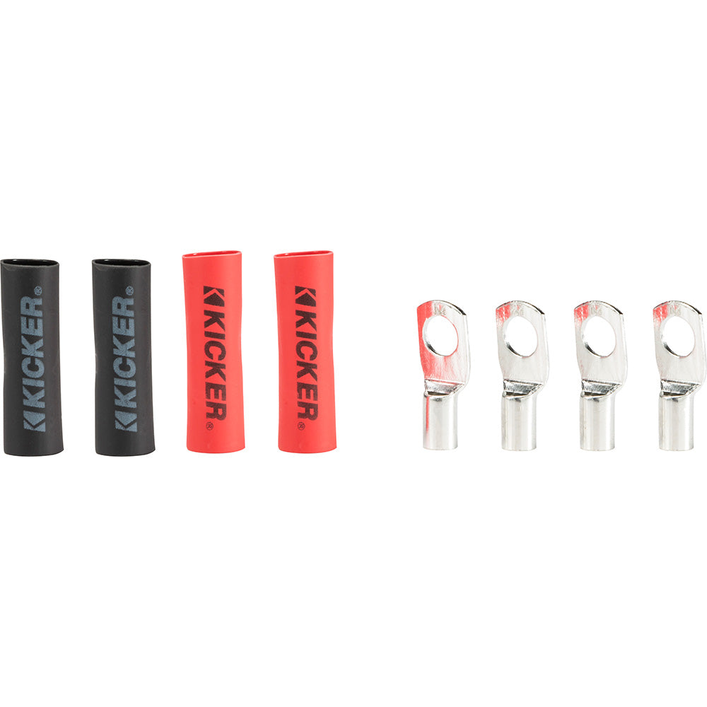 Kicker brand red and black heat shrink tubing with metal ring terminals for car audio wiring installation