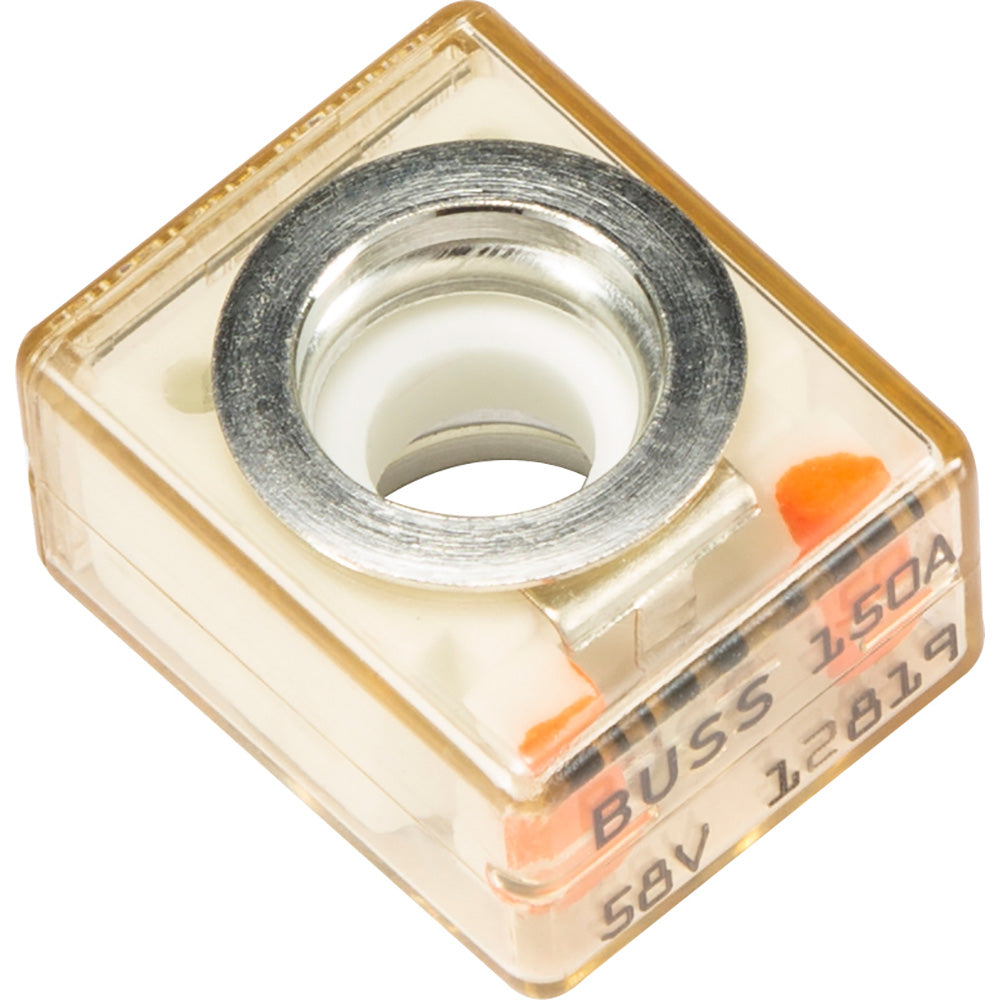 150A BUSS automotive fuse with 58V rating, clear housing and metal terminal for car audio systems