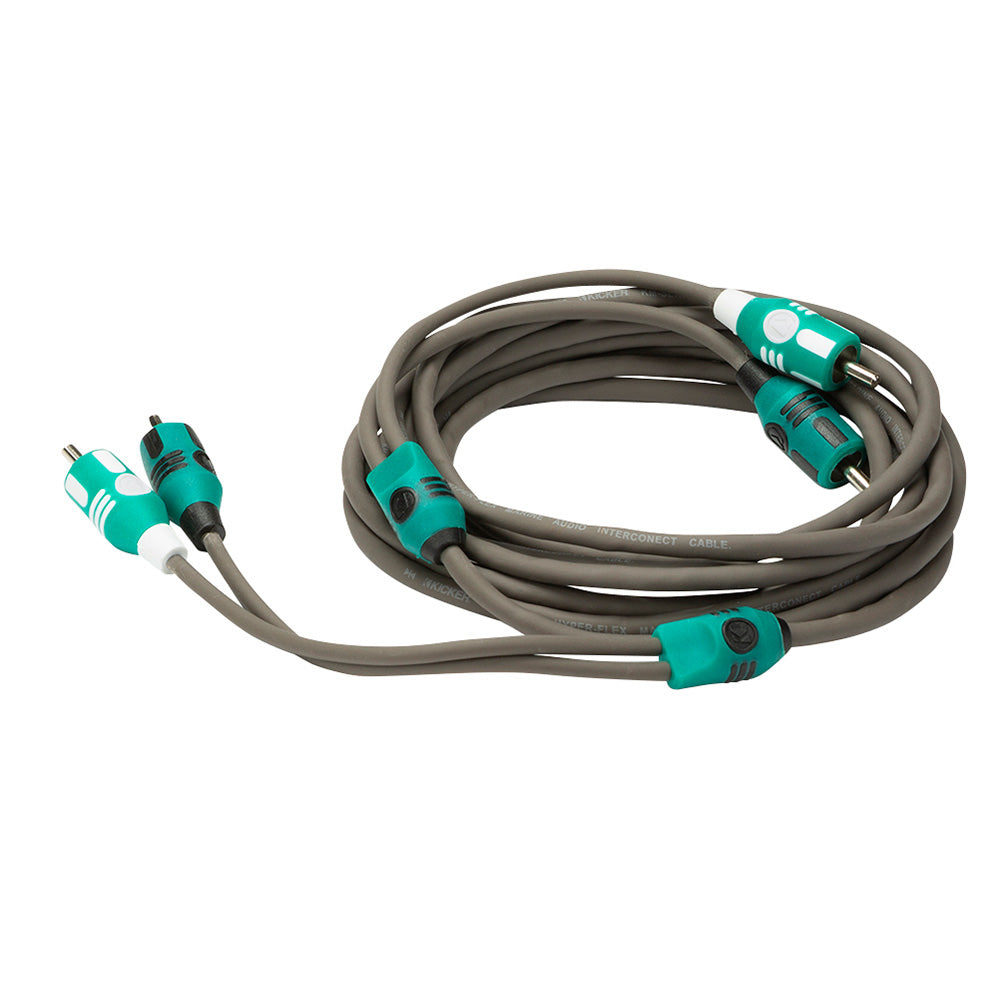 High-quality RCA audio interconnect cable with teal connectors for car stereo or home audio systems