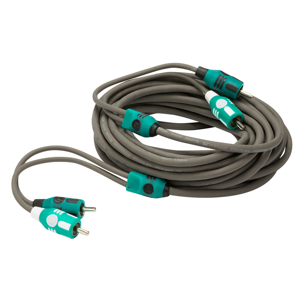 Teal and gray marine audio interconnect cable with RCA connectors for car stereo systems