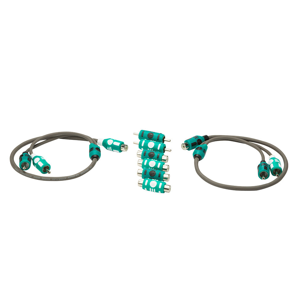 Teal and gray RCA audio cables with connectors for car stereo installation