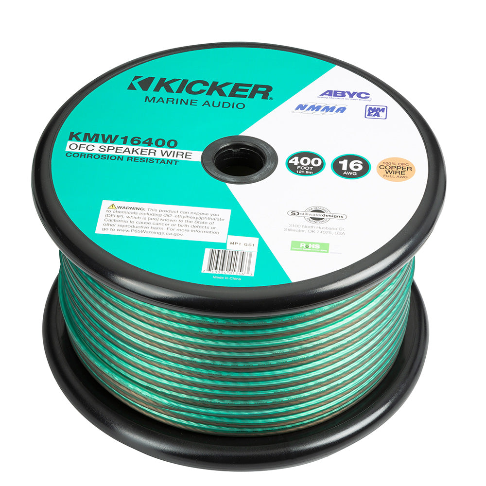 Kicker KMW16400 16 AWG marine speaker wire, 400 ft, corrosion-resistant OFC copper, for audio installs