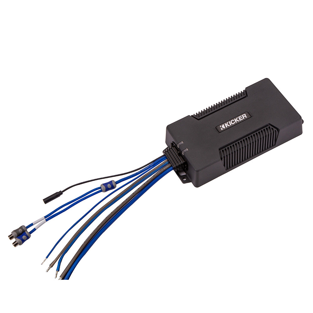 Kicker audio amplifier with blue and black wiring for car audio installation