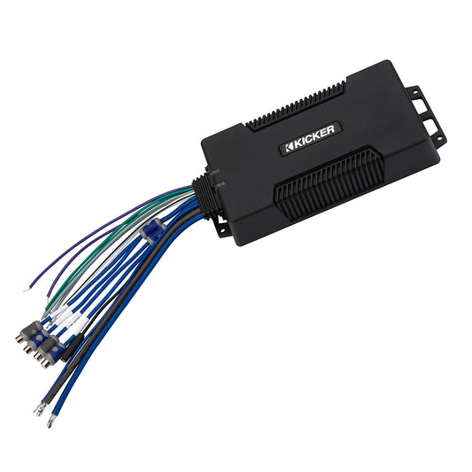 Kicker audio amplifier with multi-colored wiring for car audio installation