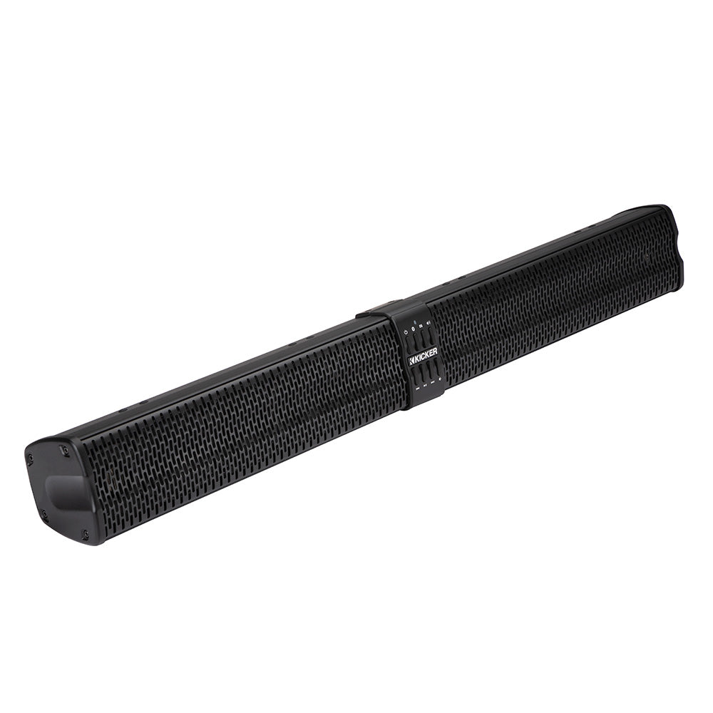 Kicker marine speaker bar with black grille and control panel, ideal for boat audio systems