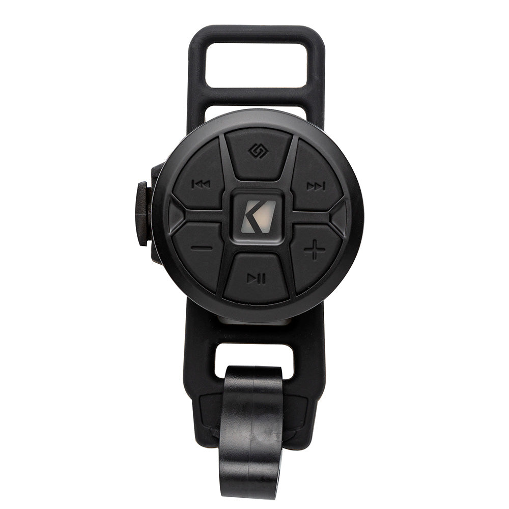 Black Kicker marine audio remote control with volume and track buttons for boat stereo systems