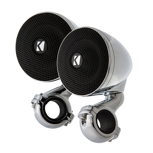 Chrome motorcycle handlebar speakers with Kicker logo, black mesh grilles, and clamp mounts
