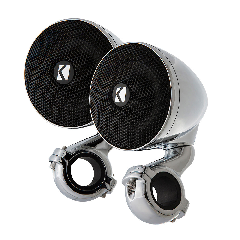 Chrome motorcycle handlebar speakers with K logo, black mesh grilles, for audio upgrade