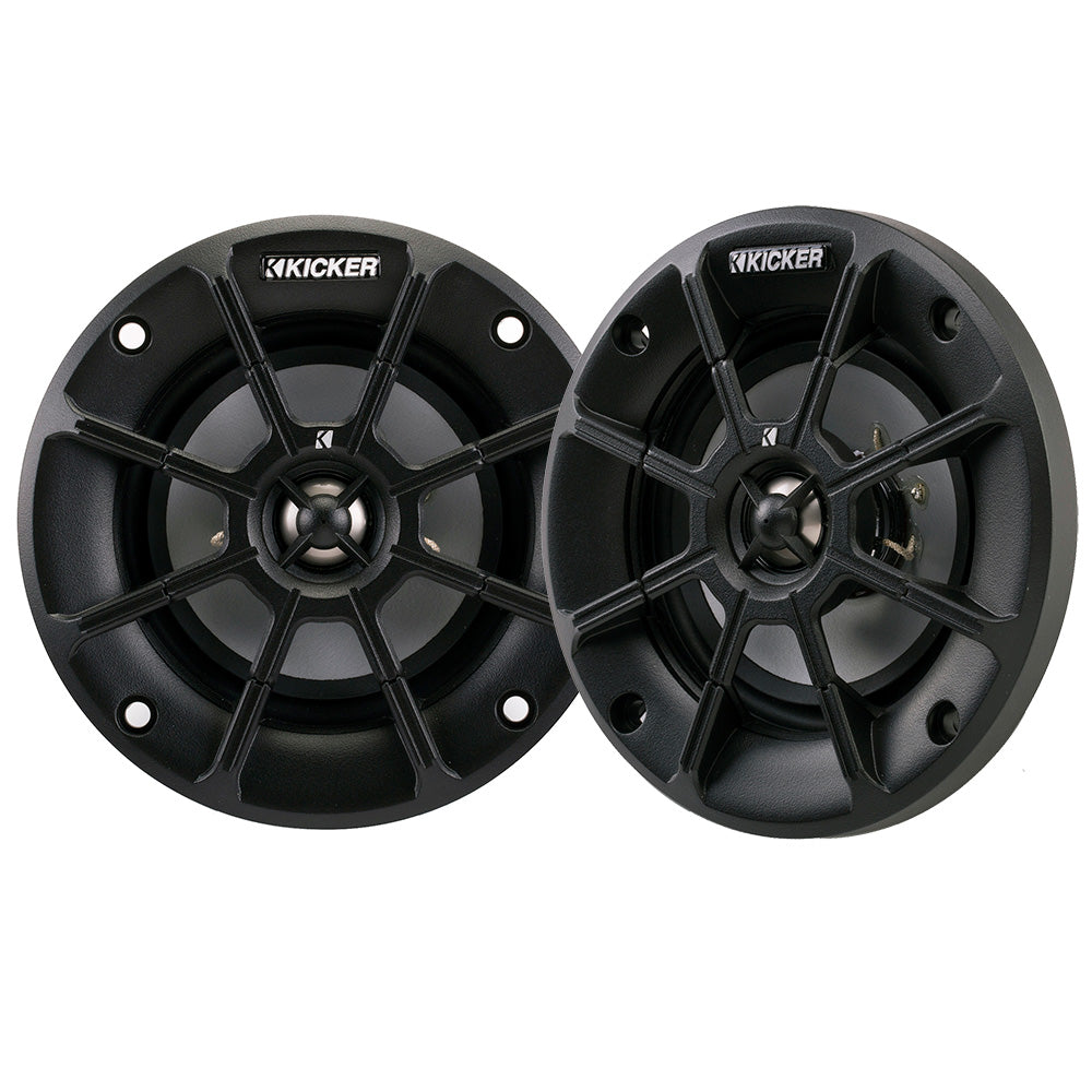 Kicker marine speakers with rugged black grilles for boat audio systems