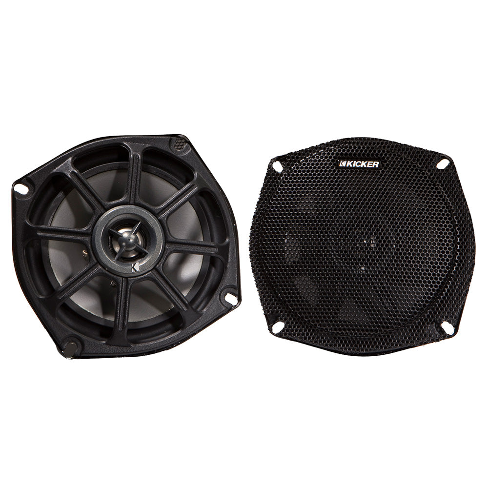 Kicker marine speakers with protective grille, ideal for boat audio systems
