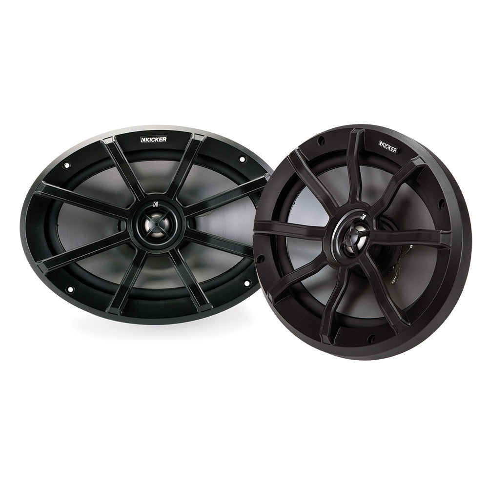 Kicker marine speakers for boat audio systems, rugged black design with protective grilles