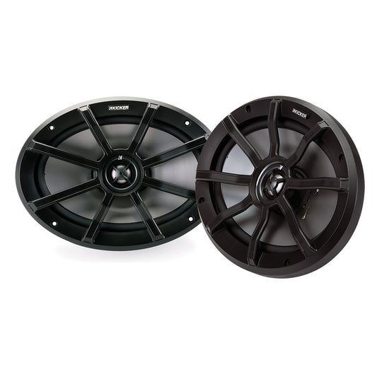 Kicker marine speakers for boat audio systems, rugged black design with protective grilles