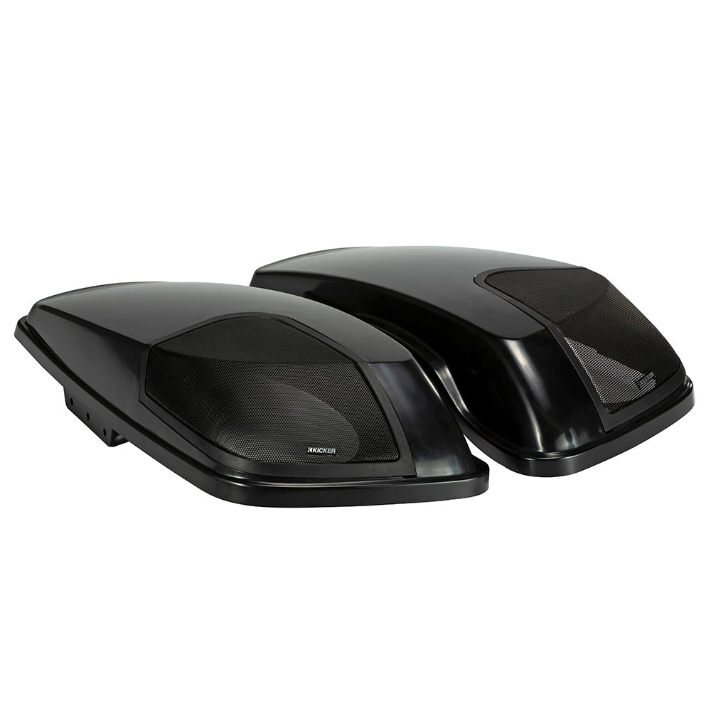 Kicker marine speakers with black enclosures and mesh grilles for boat audio systems