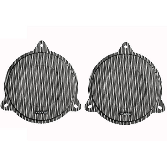 Kicker speaker grilles for car audio installation, black mesh design with mounting tabs