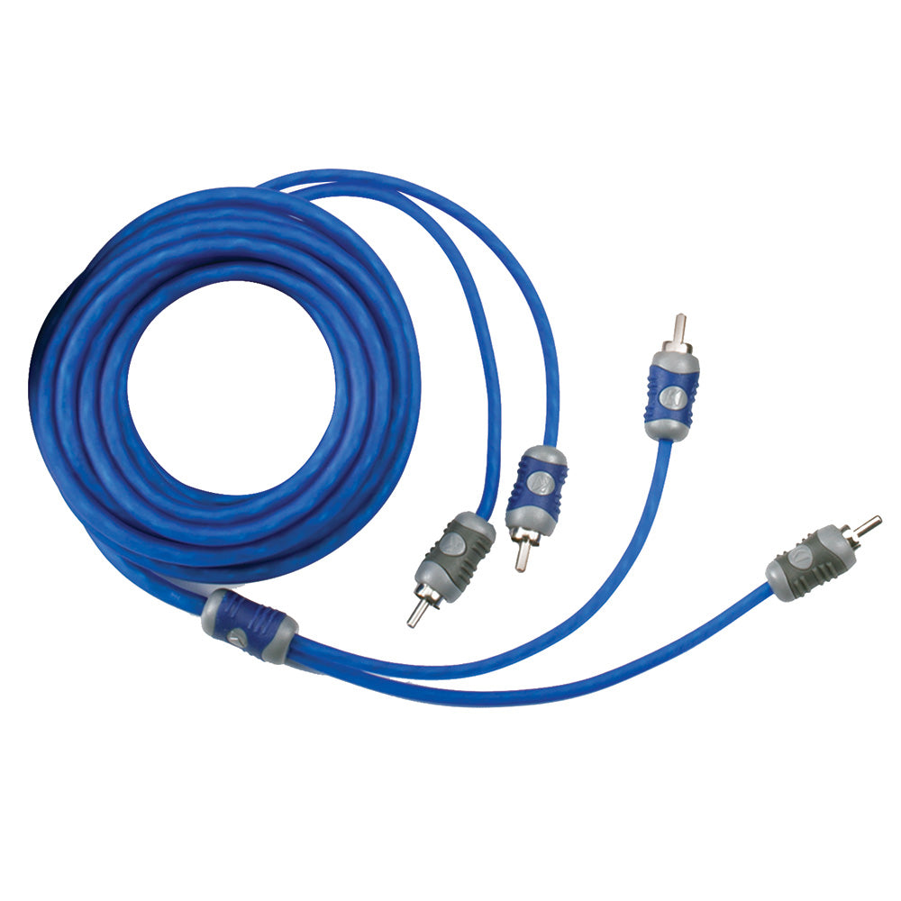 Blue RCA audio cable with dual connectors for car stereo or home audio installation