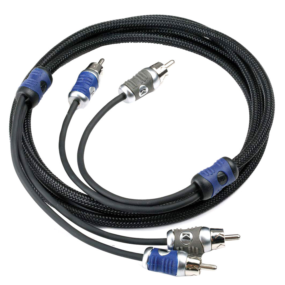 High-quality RCA audio cable with blue and silver connectors for car stereo or home audio systems