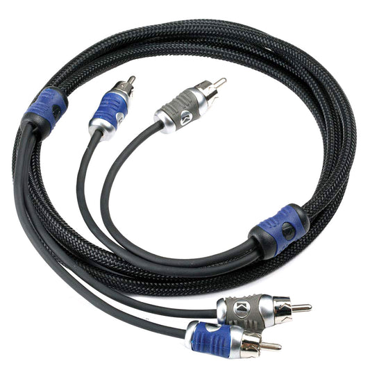 High-quality RCA audio cable with blue and silver connectors, braided black jacket for car stereo or home audio systems.