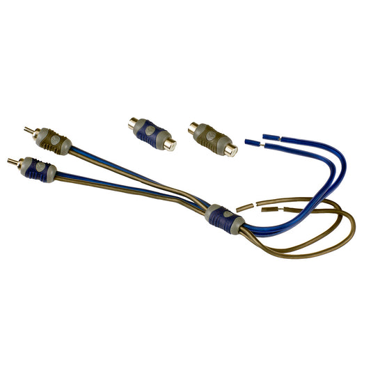 Blue and gold RCA audio cables with connectors for car stereo or home audio installation