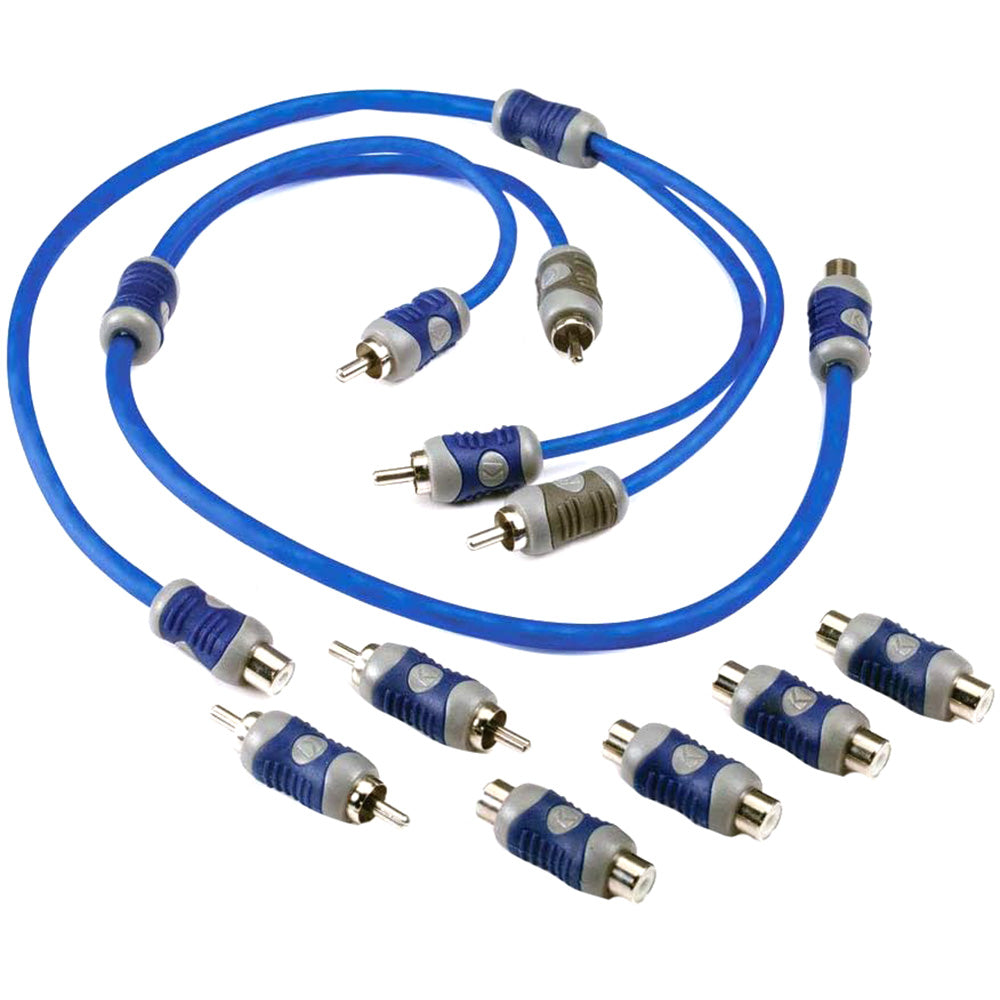Blue RCA audio/video cables with male connectors for car stereo or home theater installation