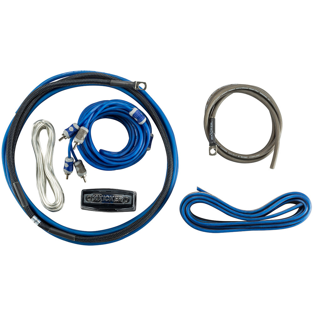 Kicker amplifier wiring kit with blue power cables, RCA interconnects, and ground wire for car audio installation