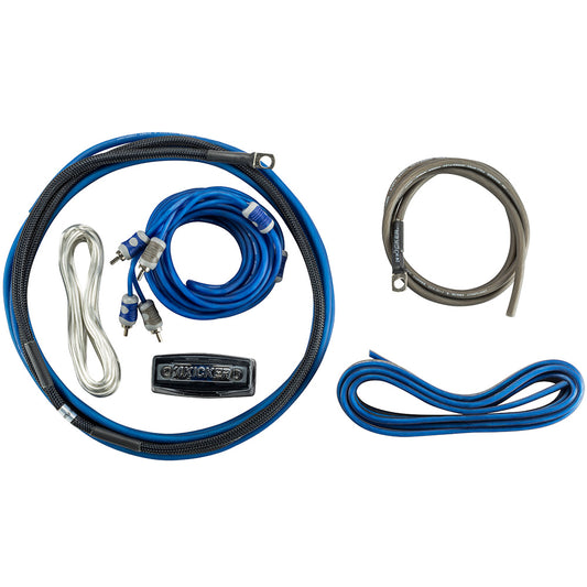 Kicker amplifier wiring kit with blue power cables, RCA interconnects, and ground wire for car audio installation