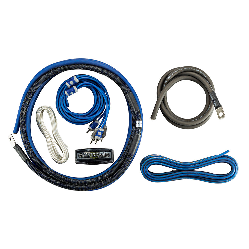 Kicker amplifier wiring kit with blue and black cables, connectors, and power wires for car audio installation