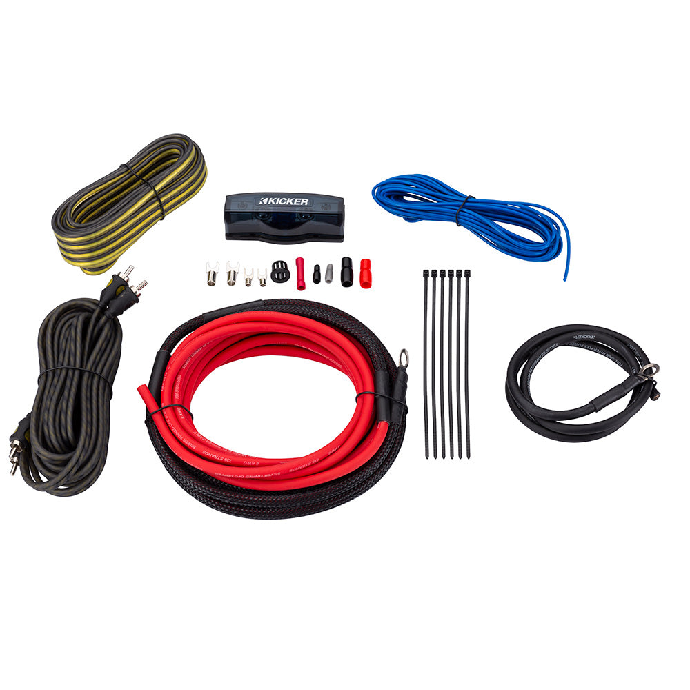 Kicker amplifier wiring kit with power cables, connectors, and installation accessories for car audio systems