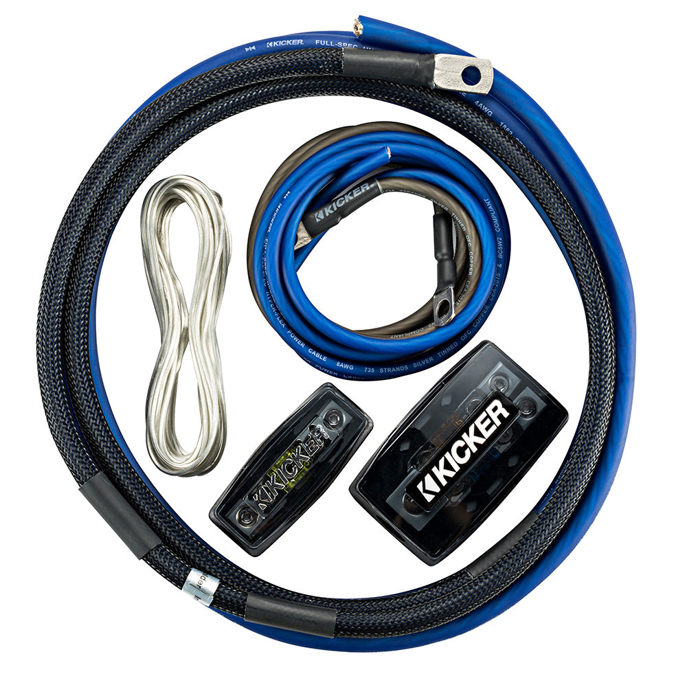 Kicker amplifier wiring kit with blue power cables, silver ground wire, and fuse holders for car audio installation