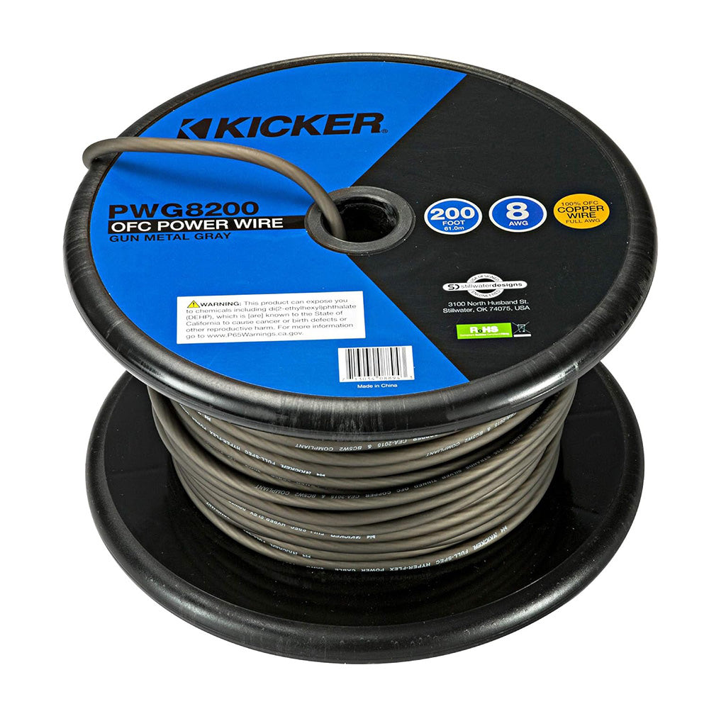 Kicker PWG8200 8 AWG OFC power wire spool, 200 ft gun metal gray, for car audio installation