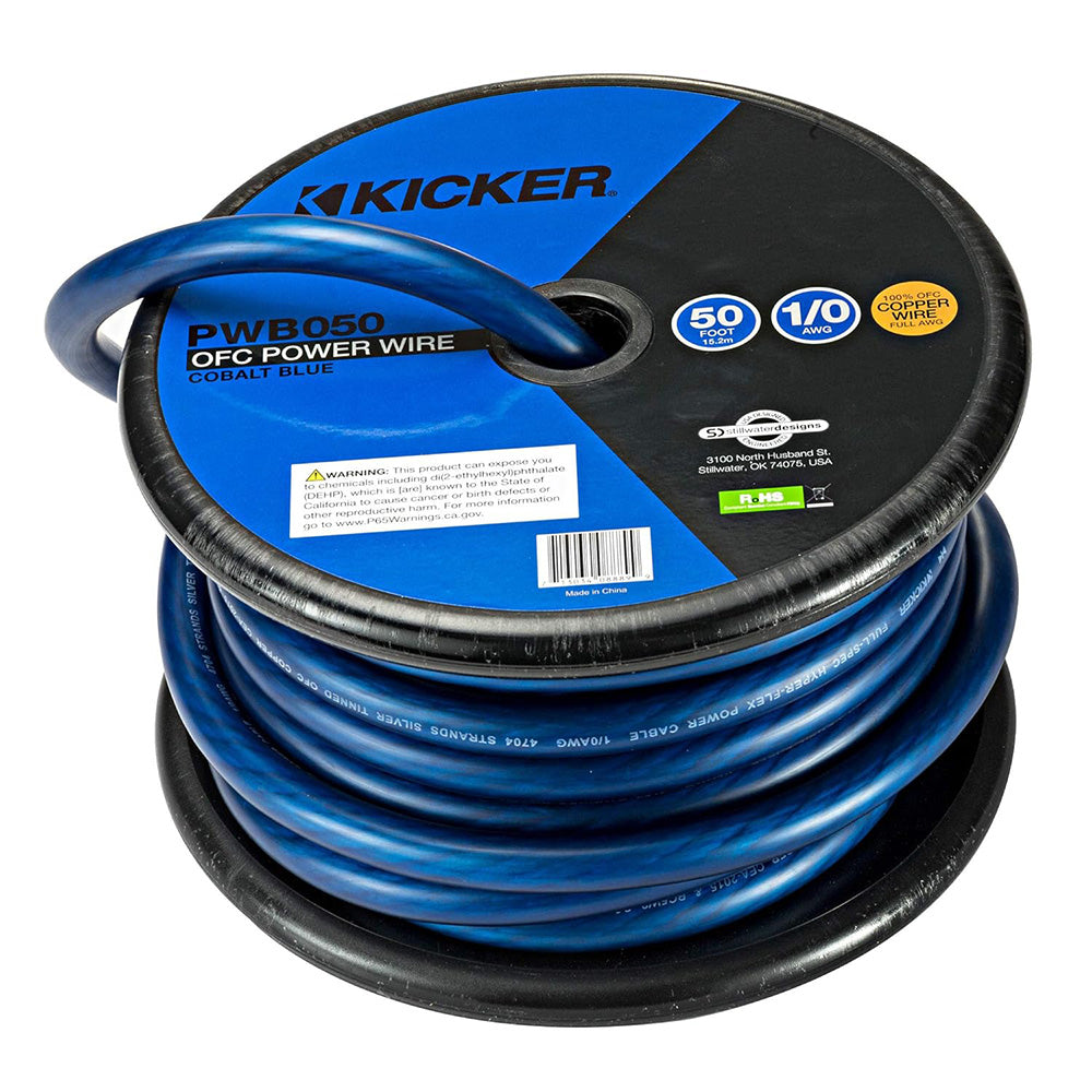 Kicker PWB050 1/0 AWG cobalt blue OFC power wire, 50 ft roll for car audio installation