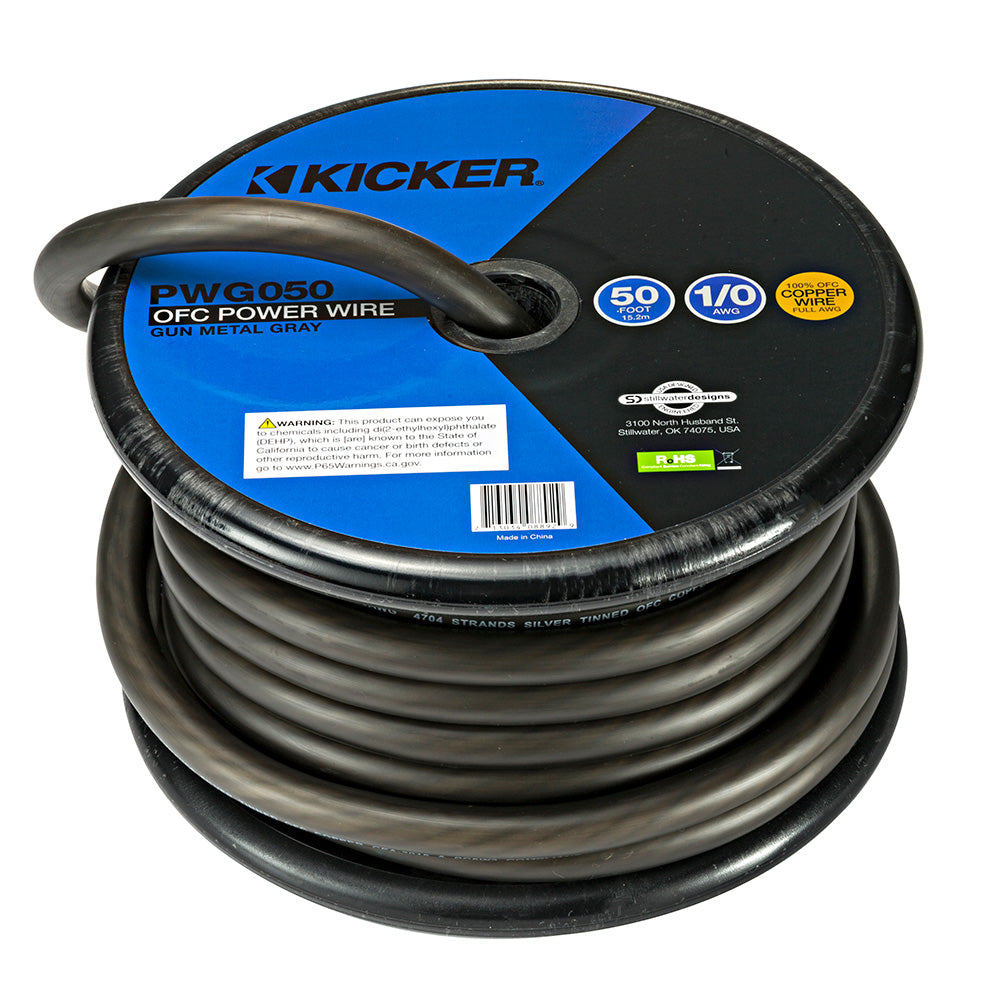 Kicker PWG050 1/0 AWG OFC power wire, 50 ft gun metal gray, for car audio installation