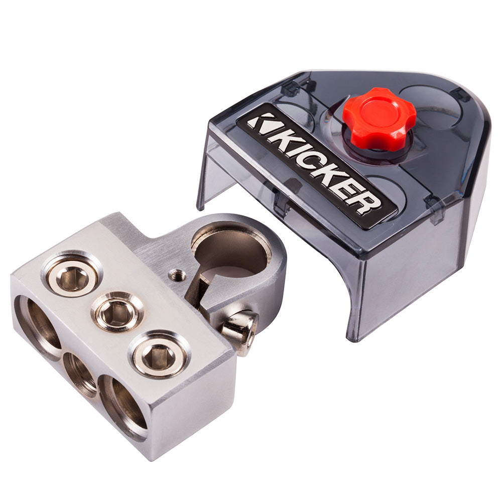 Kicker 4-gauge power distribution block with red knob and clear cover for car audio installations