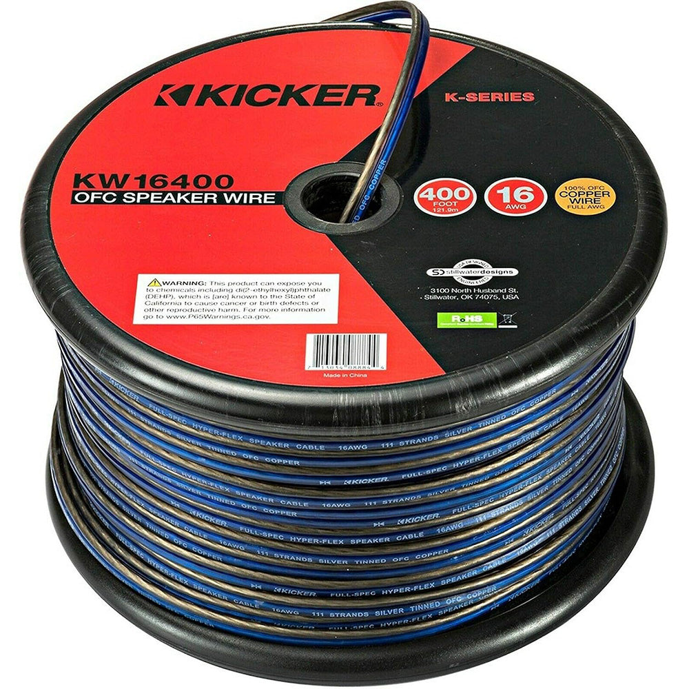 Kicker KW16400 16 AWG OFC speaker wire, 400 ft spool, blue and black cable for car audio installation