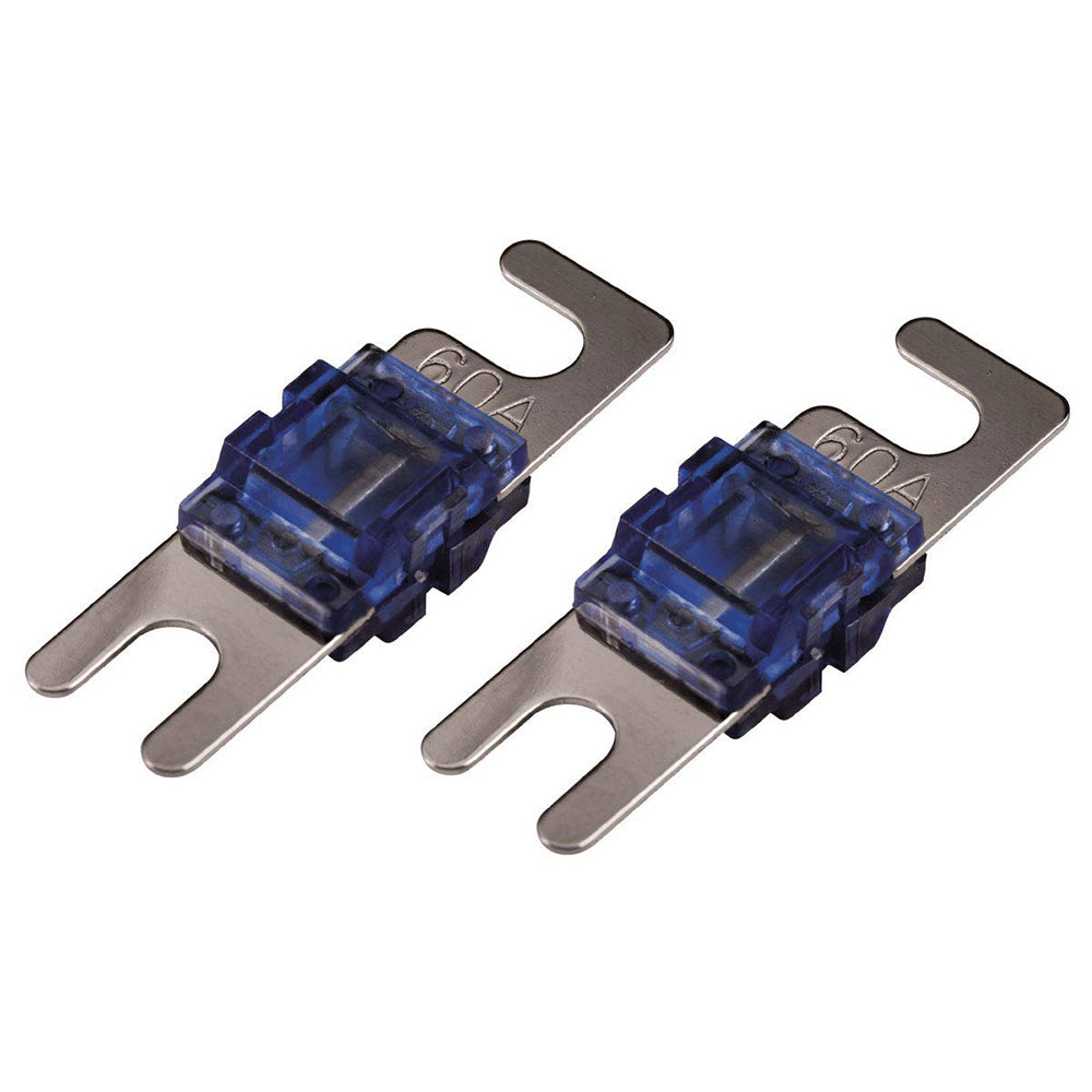 Two blue 60A ANL fuses for car audio systems, ideal for high-power amplifiers and audio installations.