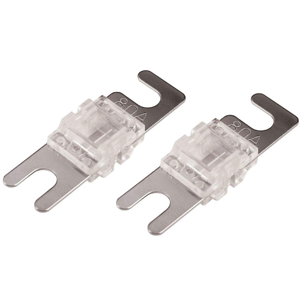 Two 80A ANL fuses for car audio systems, clear housing with metal terminals