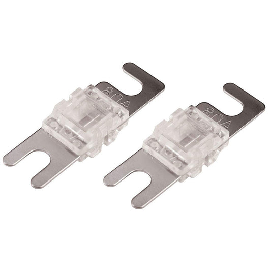 Two 80A ANL fuses for car audio systems, clear housing with metal terminals