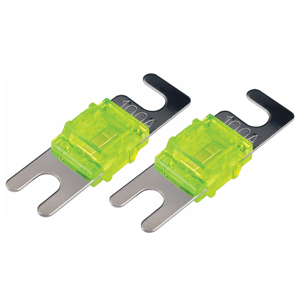 Two 100A ANL fuses with green translucent bodies and metal terminals for car audio systems