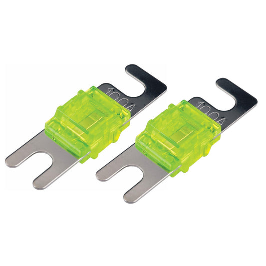 Two 100A ANL fuses with green translucent bodies and metal terminals for car audio systems