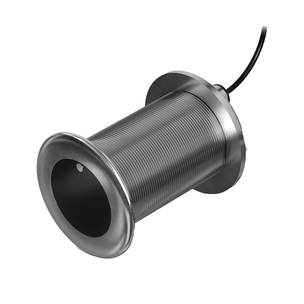 Metallic marine transducer with ribbed body and black cable for boat depth sensing