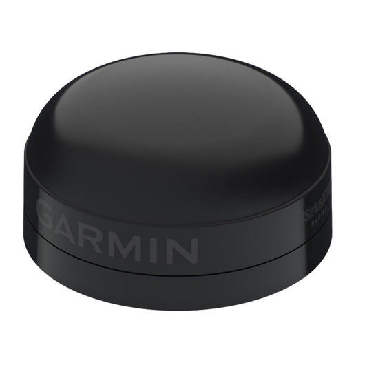 Garmin marine GPS antenna with SiriusXM Marine logo, sleek black dome design for boat navigation systems