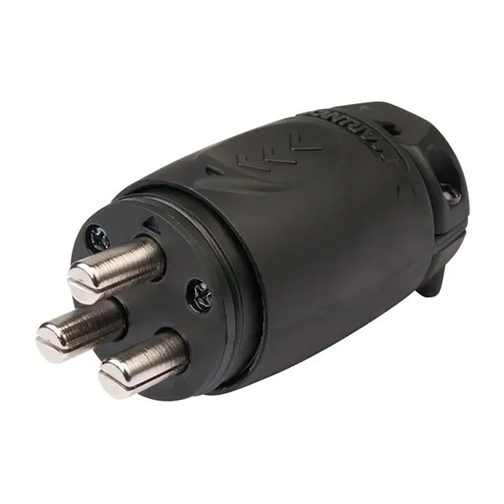 Black 3-pin power connector with metallic terminals for audio or electrical installation